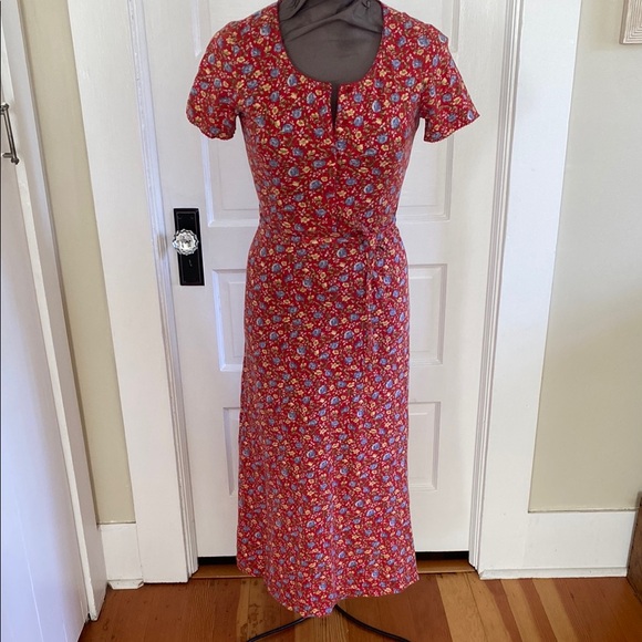 Laura Ashley Vintage‎ 90s Red Floral Cotton Knit A-Line Midi Dress 4 - Picture 1 of 8